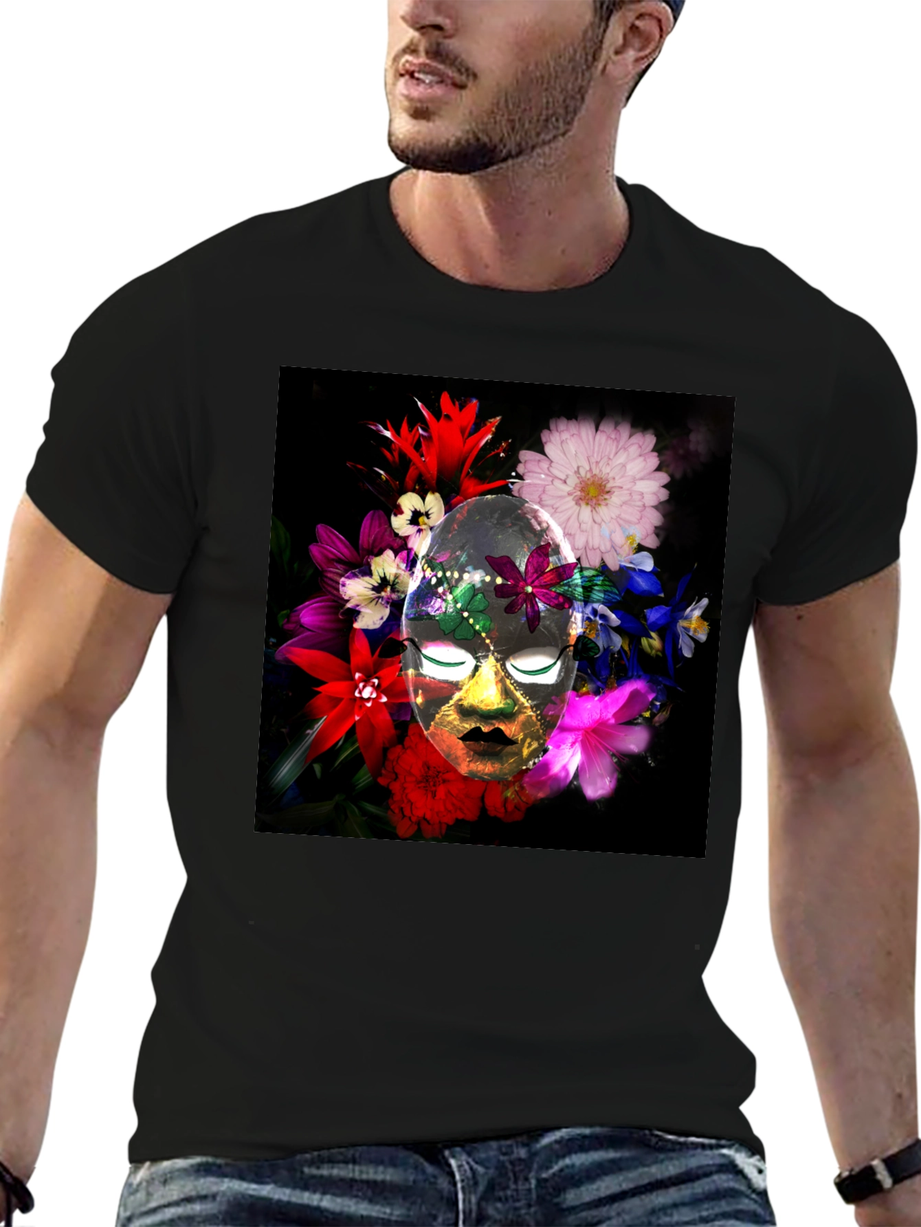 Floral Mask Graphic Tee - Black Cotton Blend