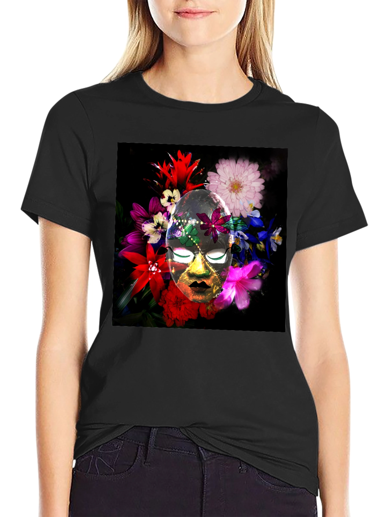 Floral Mask Graphic Tee - Black Cotton Blend