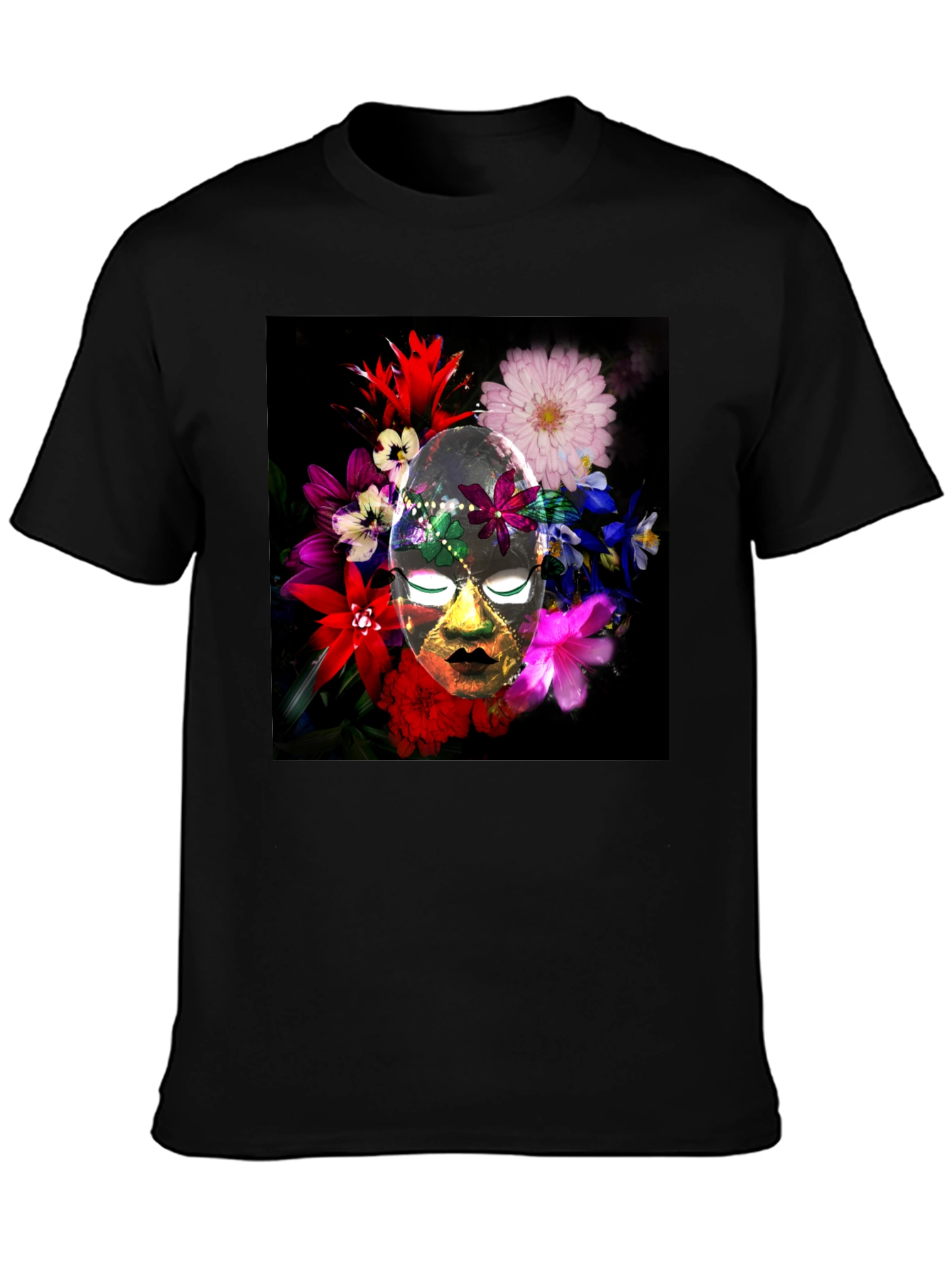 Floral Mask Graphic Tee - Black Cotton Blend
