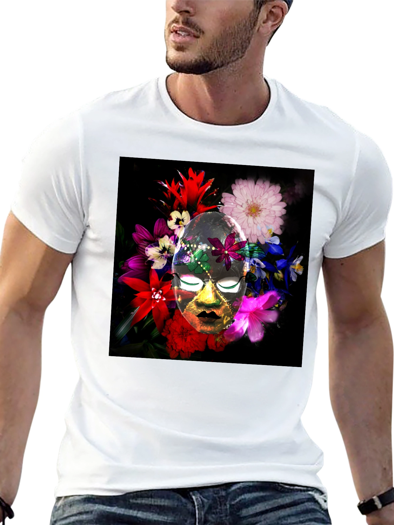 Floral Mask Graphic Tee - Black Cotton Blend
