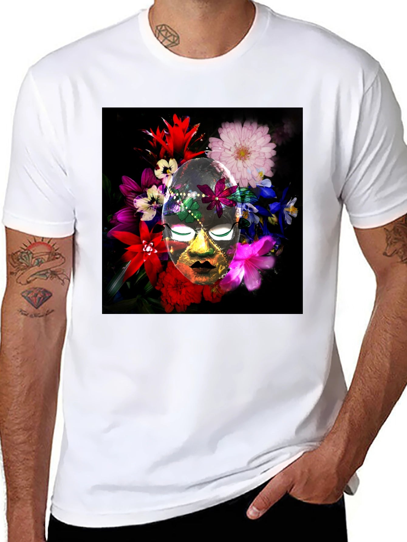 Floral Mask Graphic Tee - Black Cotton Blend