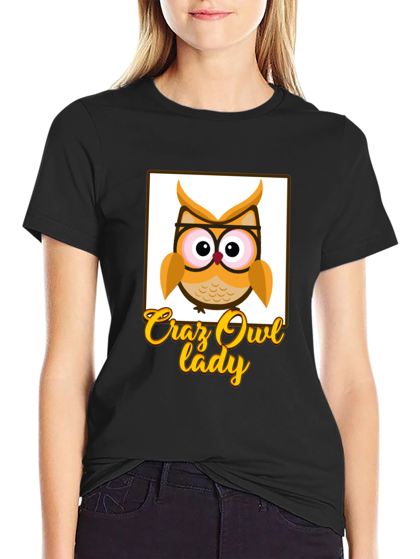 Crazy Owl Lady Graphic T-Shirt - Black Cotton Tee