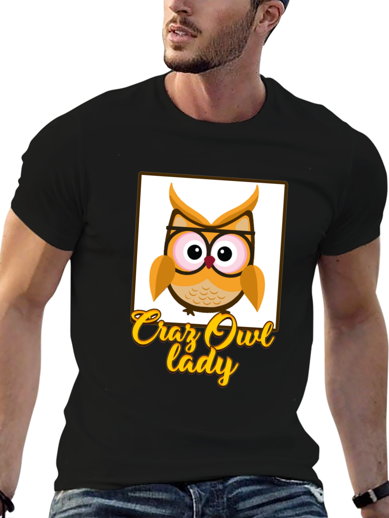 Crazy Owl Lady Graphic T-Shirt - Black Cotton Tee