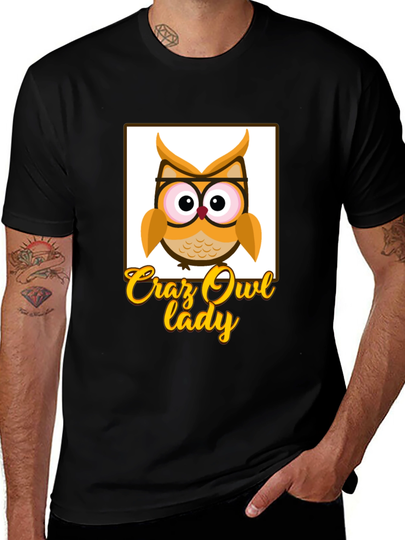 Crazy Owl Lady Graphic T-Shirt - Black Cotton Tee