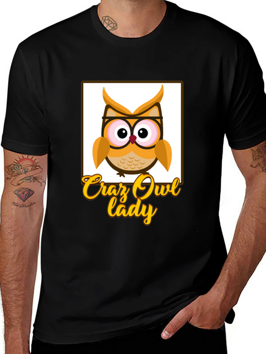 Crazy Owl Lady Graphic T-Shirt - Black Cotton Tee