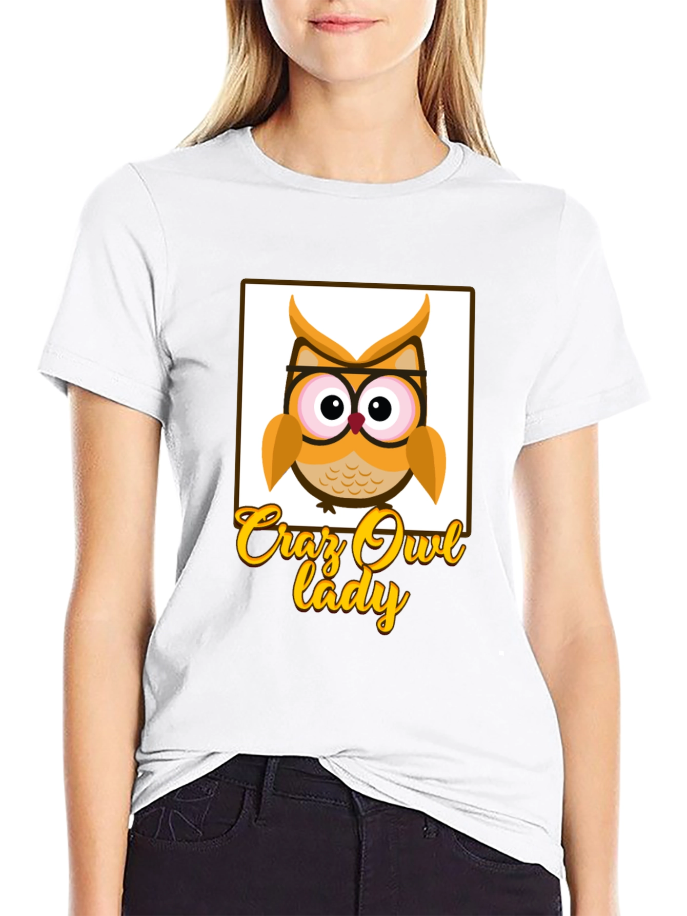 Crazy Owl Lady Graphic T-Shirt - Black Cotton Tee