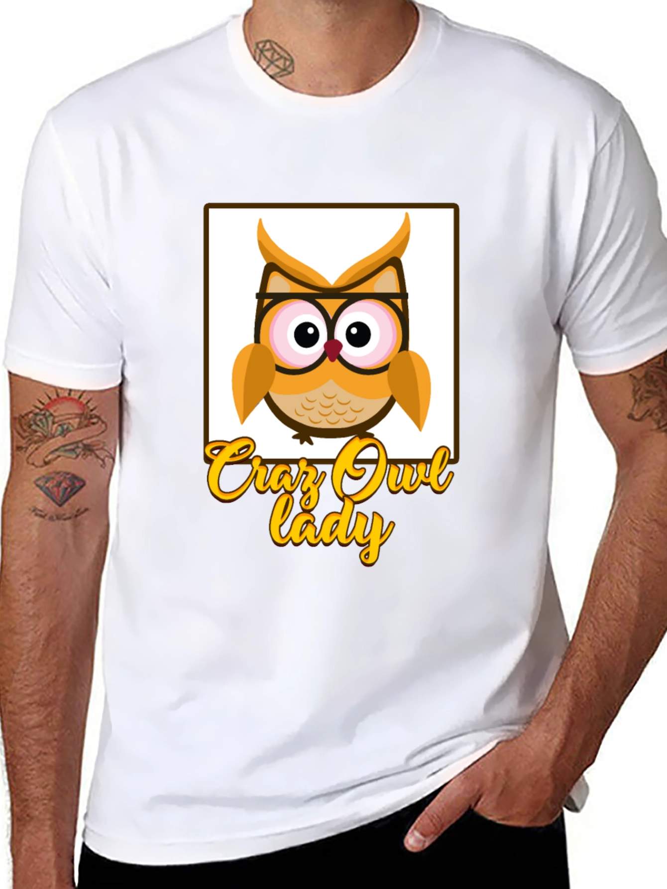 Crazy Owl Lady Graphic T-Shirt - Black Cotton Tee