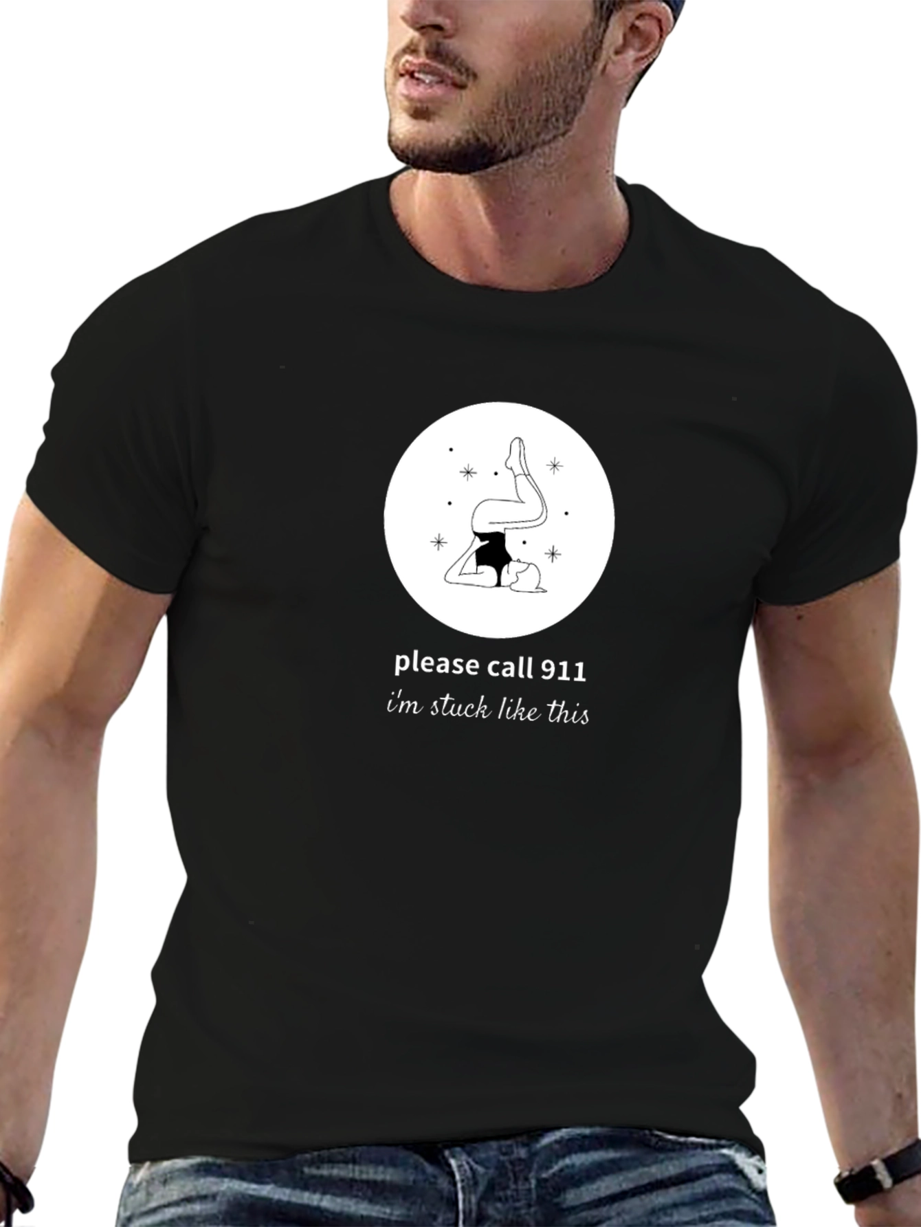 Funny Yoga Pose Stuck 911 Black T-Shirt