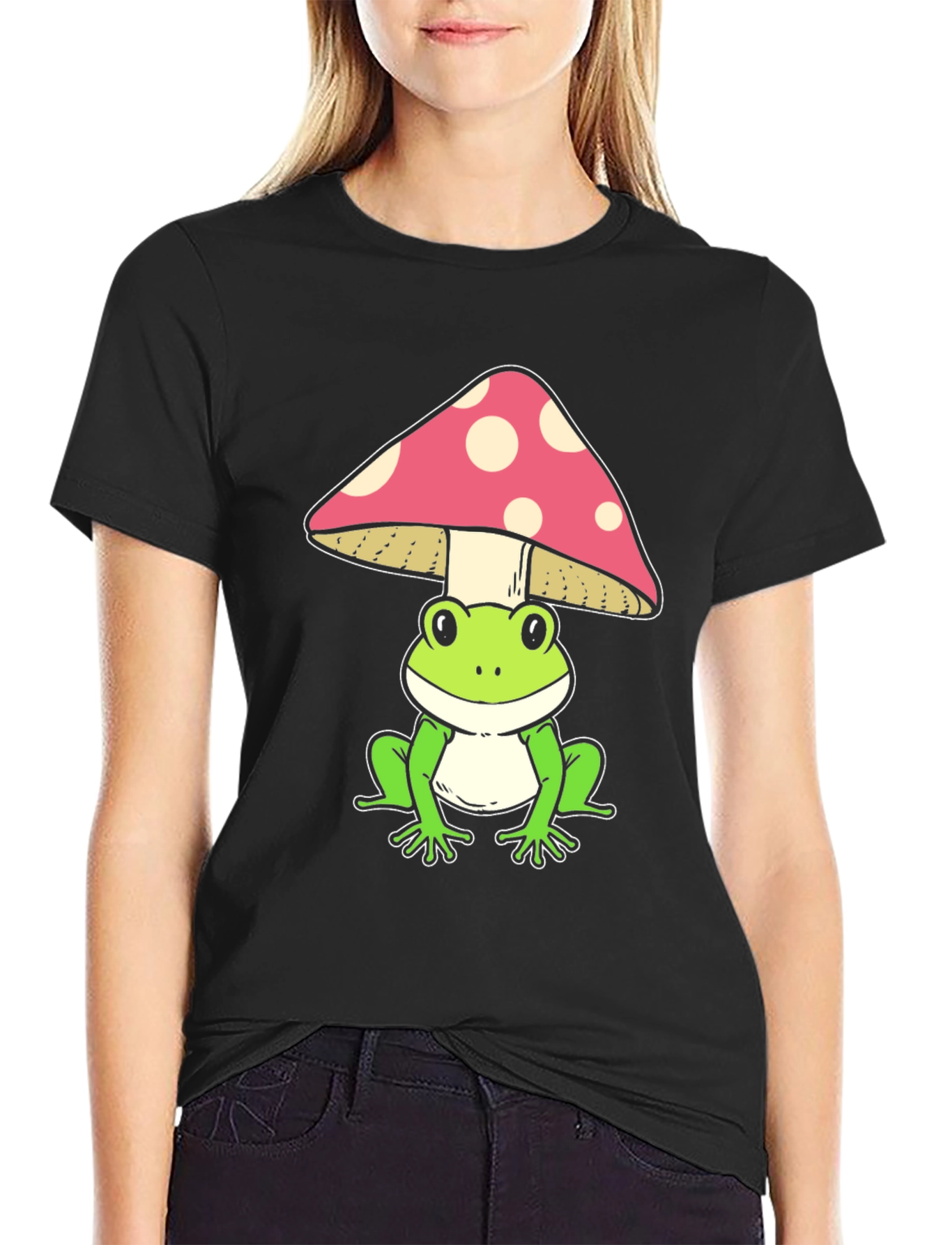 Frog Under Mushroom Graphic Tee - Black