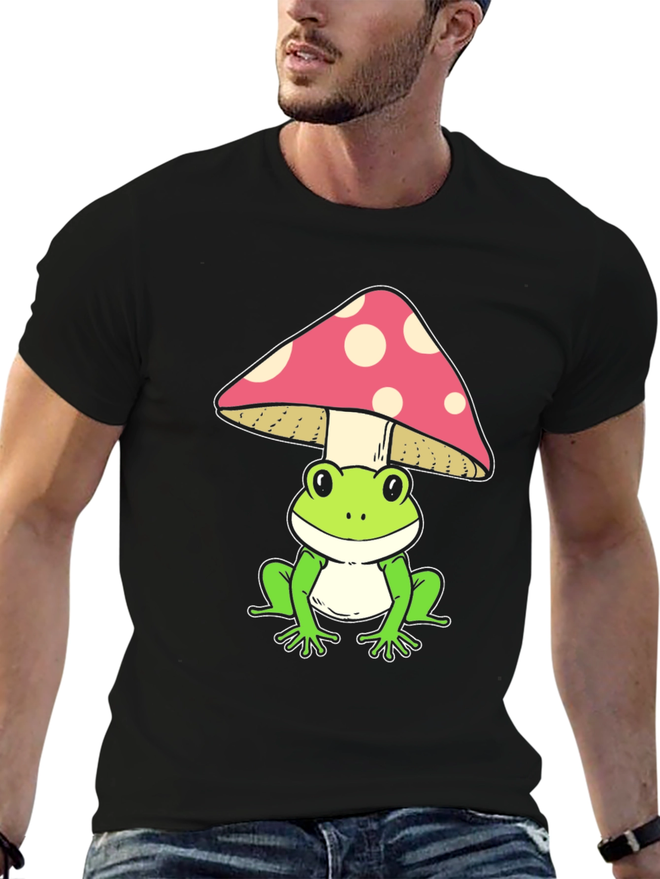 Frog Under Mushroom Graphic Tee - Black
