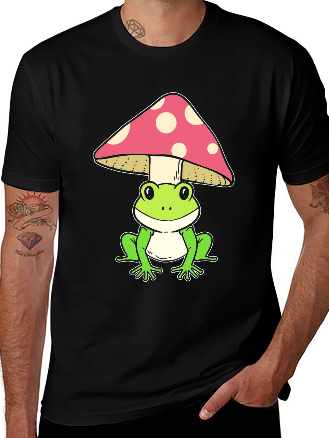 Frog Under Mushroom Graphic Tee - Black