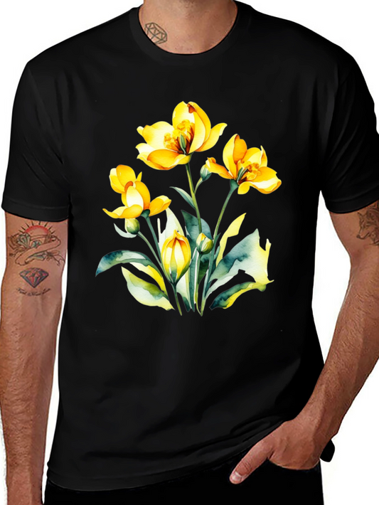 Floral Watercolor Print Black T-Shirt