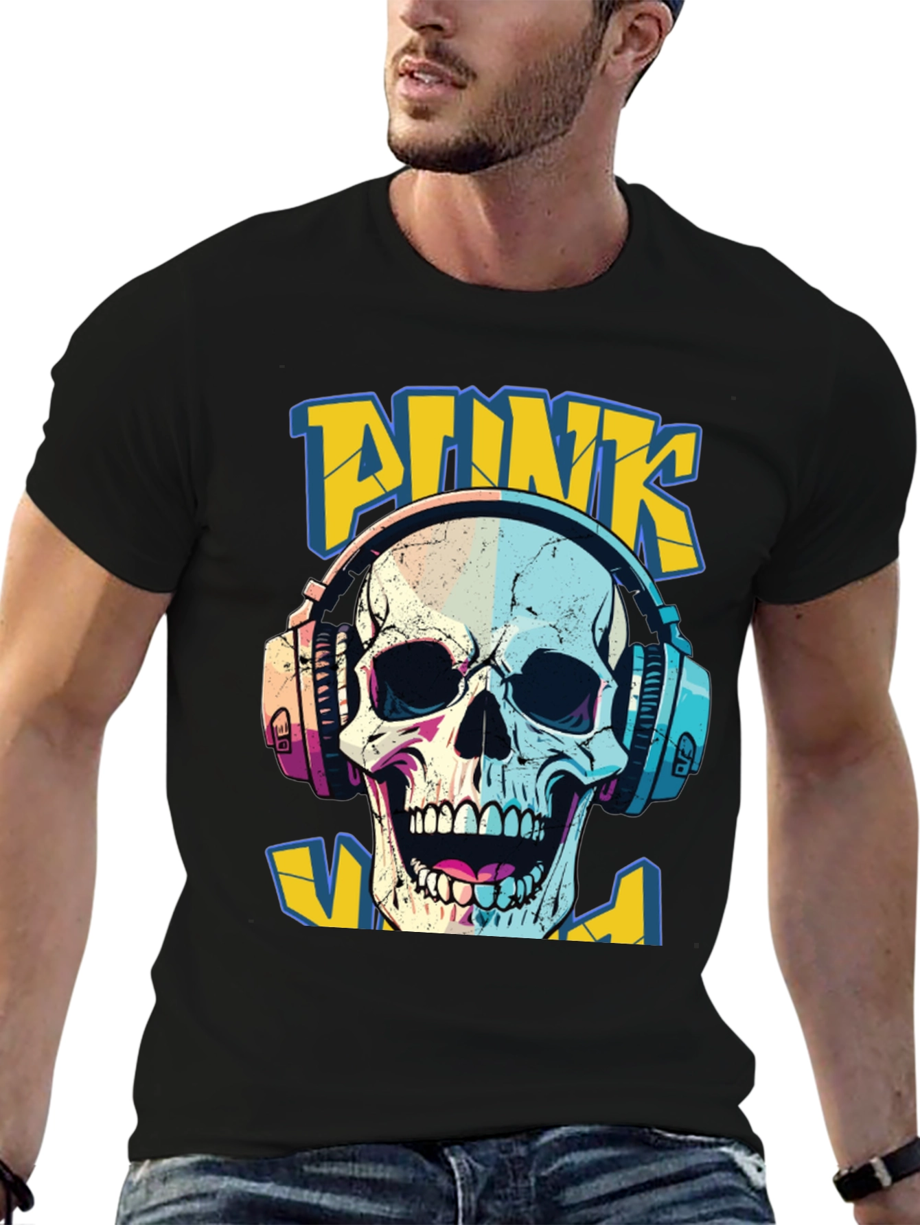 Punk Skull Graphic T-Shirt - Headphone Design