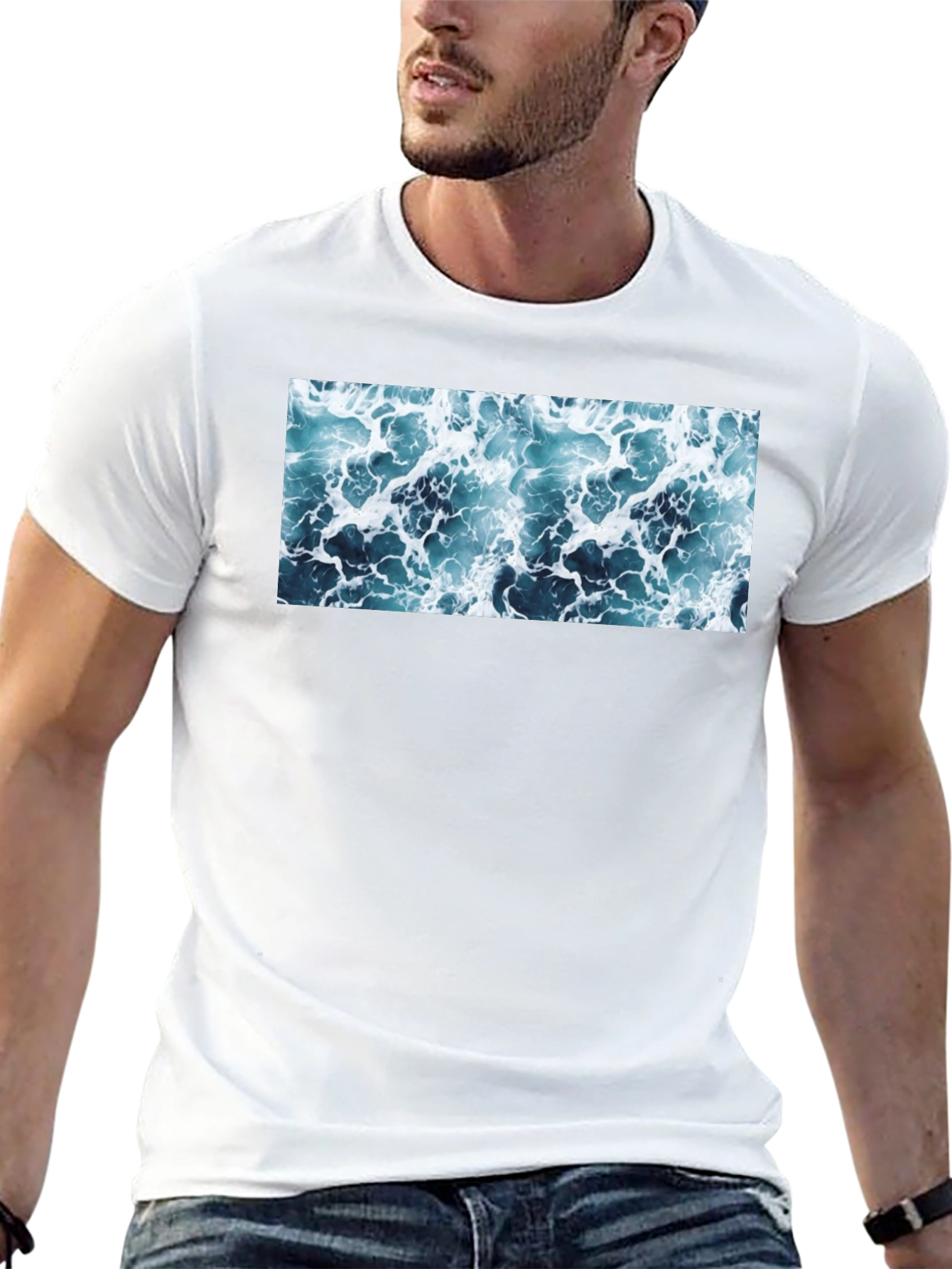 Ocean Wave Print Black T-Shirt