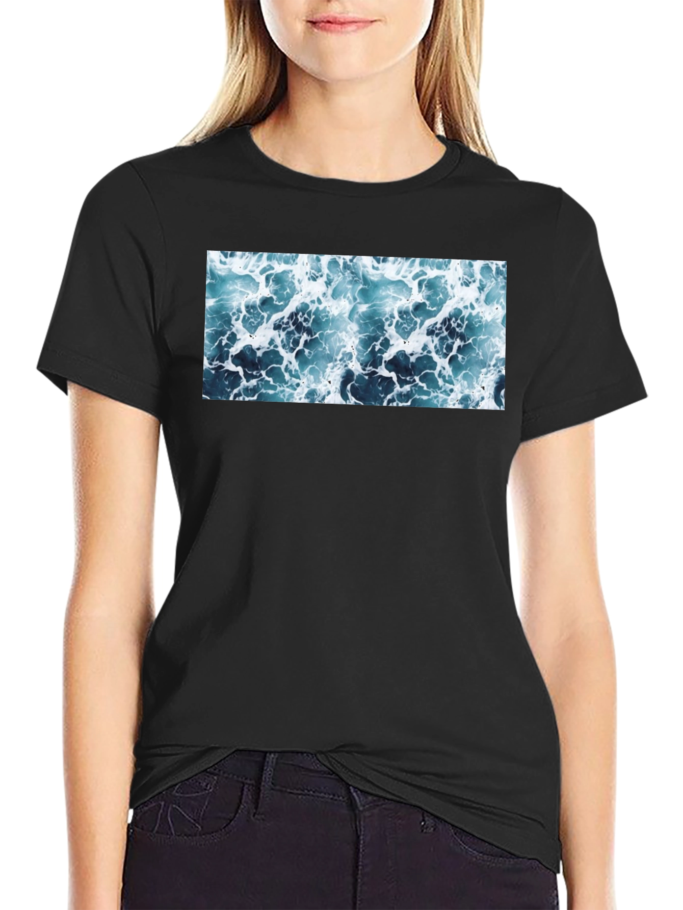 Ocean Wave Print Black T-Shirt