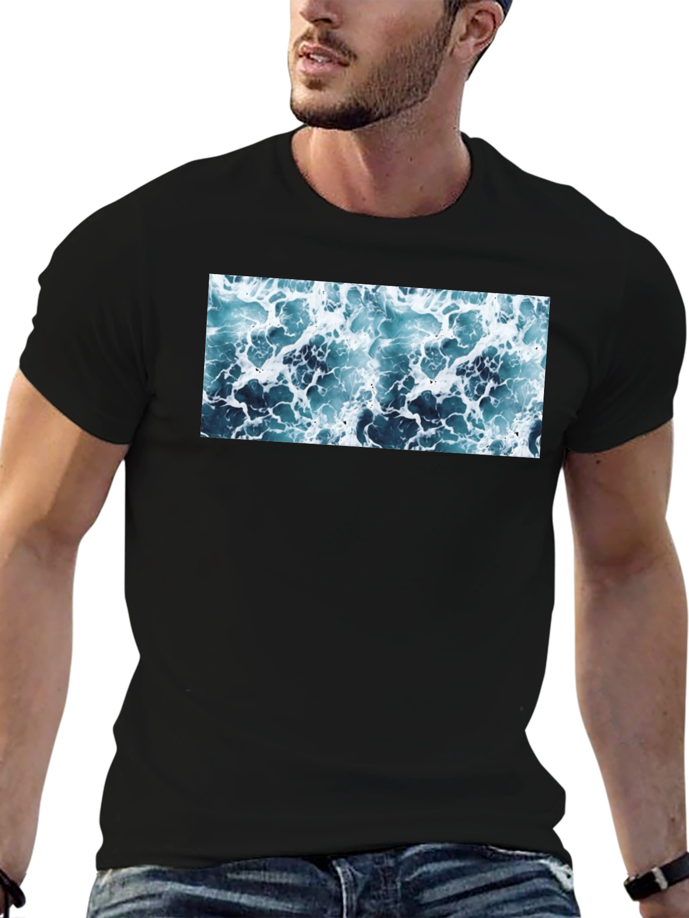 Ocean Wave Print Black T-Shirt