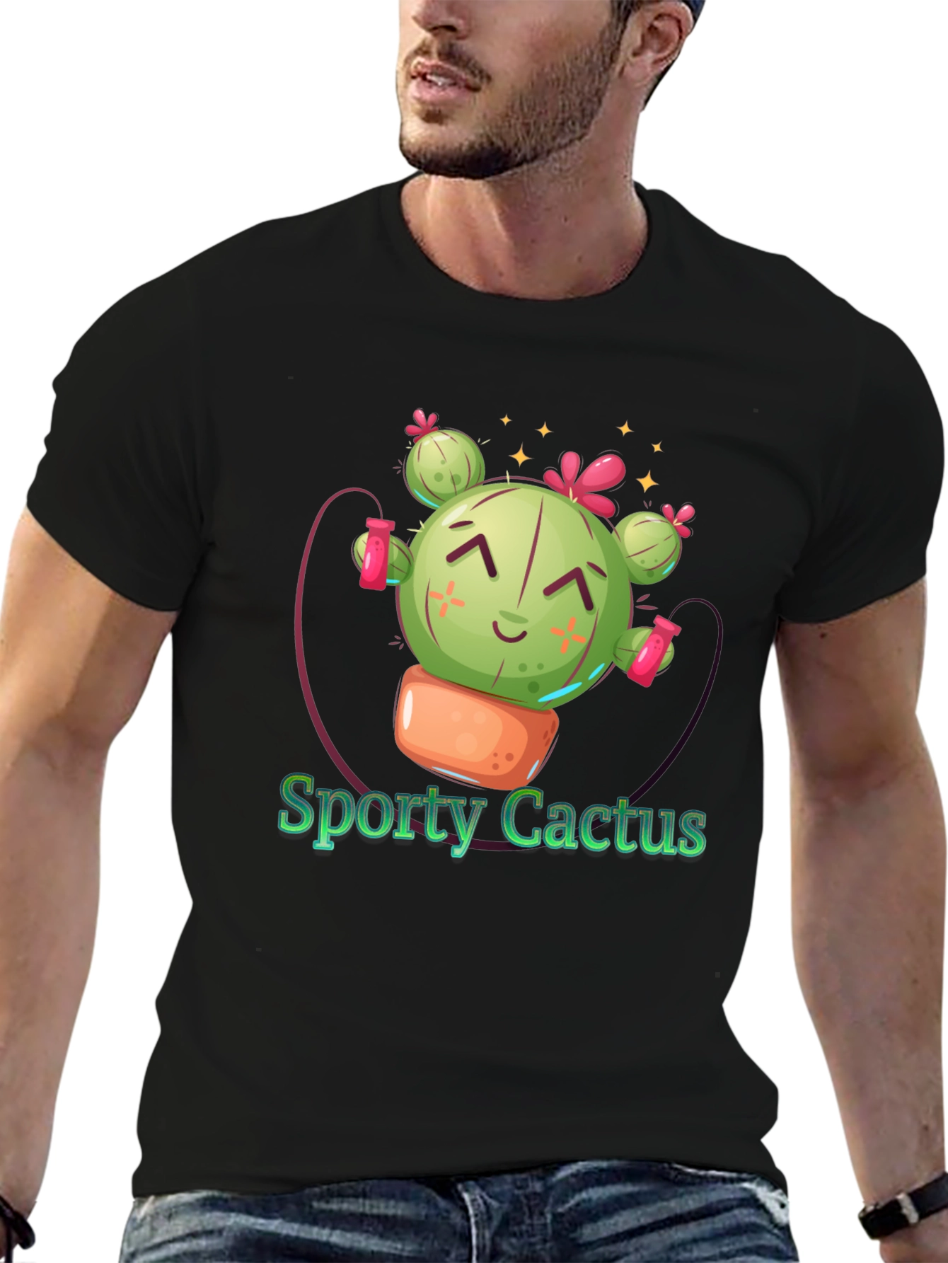Sporty Cactus Black T-Shirt - Cute Design