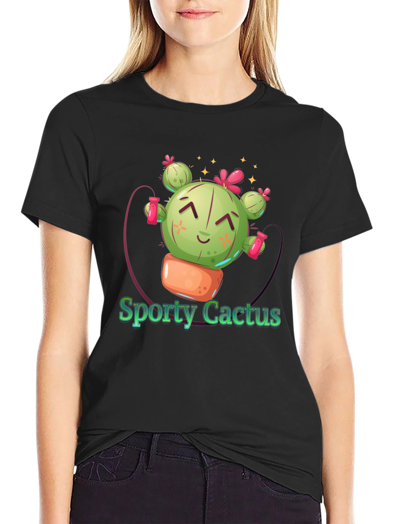 Sporty Cactus Black T-Shirt - Cute Design