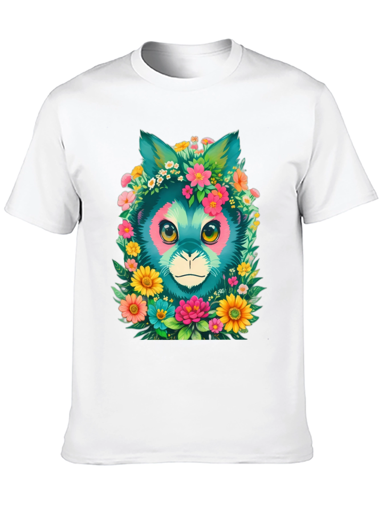 Floral Feline Graphic Tee - Black Cotton T-Shirt