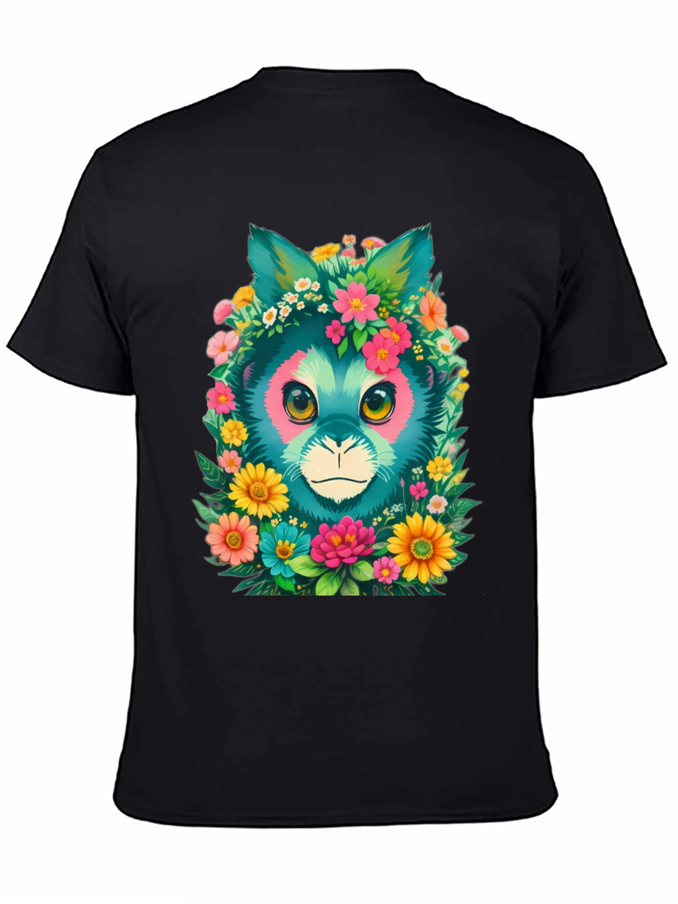Floral Feline Graphic Tee - Black Cotton T-Shirt