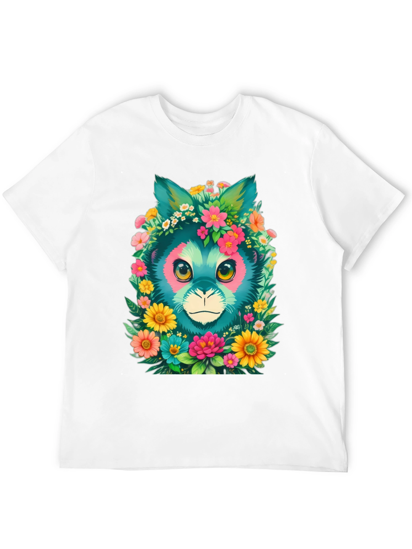 Floral Feline Graphic Tee - Black Cotton T-Shirt