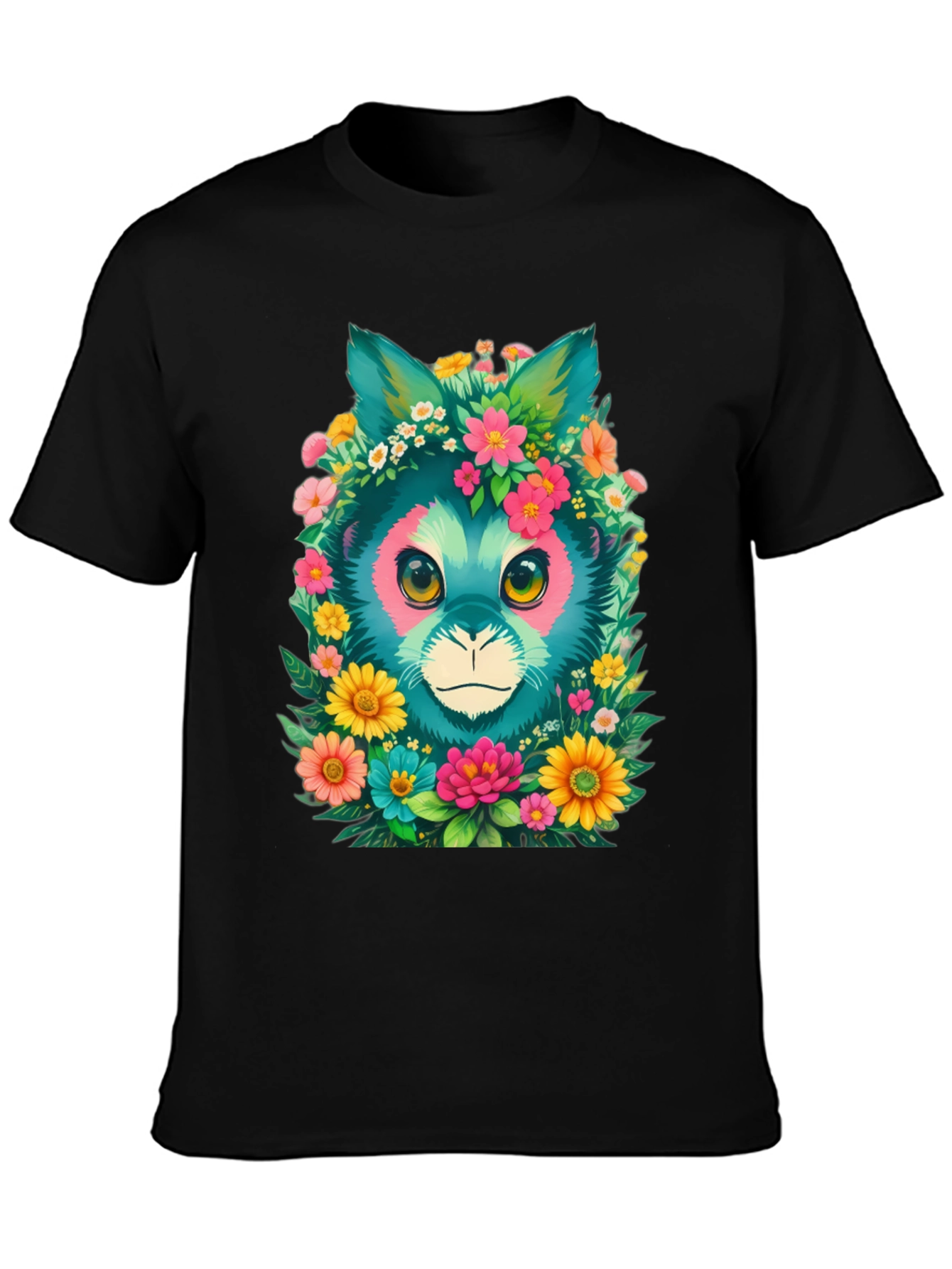 Floral Feline Graphic Tee - Black Cotton T-Shirt