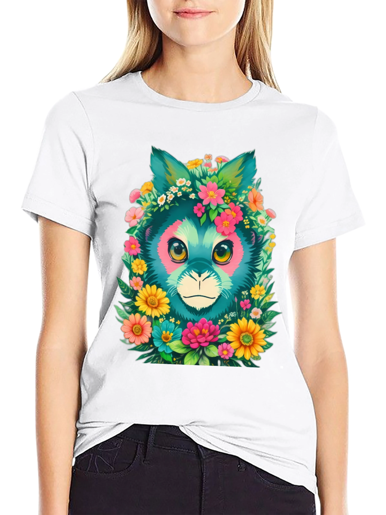 Floral Feline Graphic Tee - Black Cotton T-Shirt