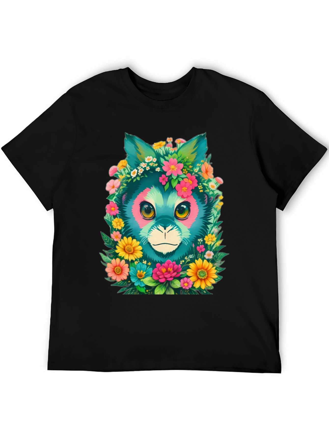Floral Feline Graphic Tee - Black Cotton T-Shirt