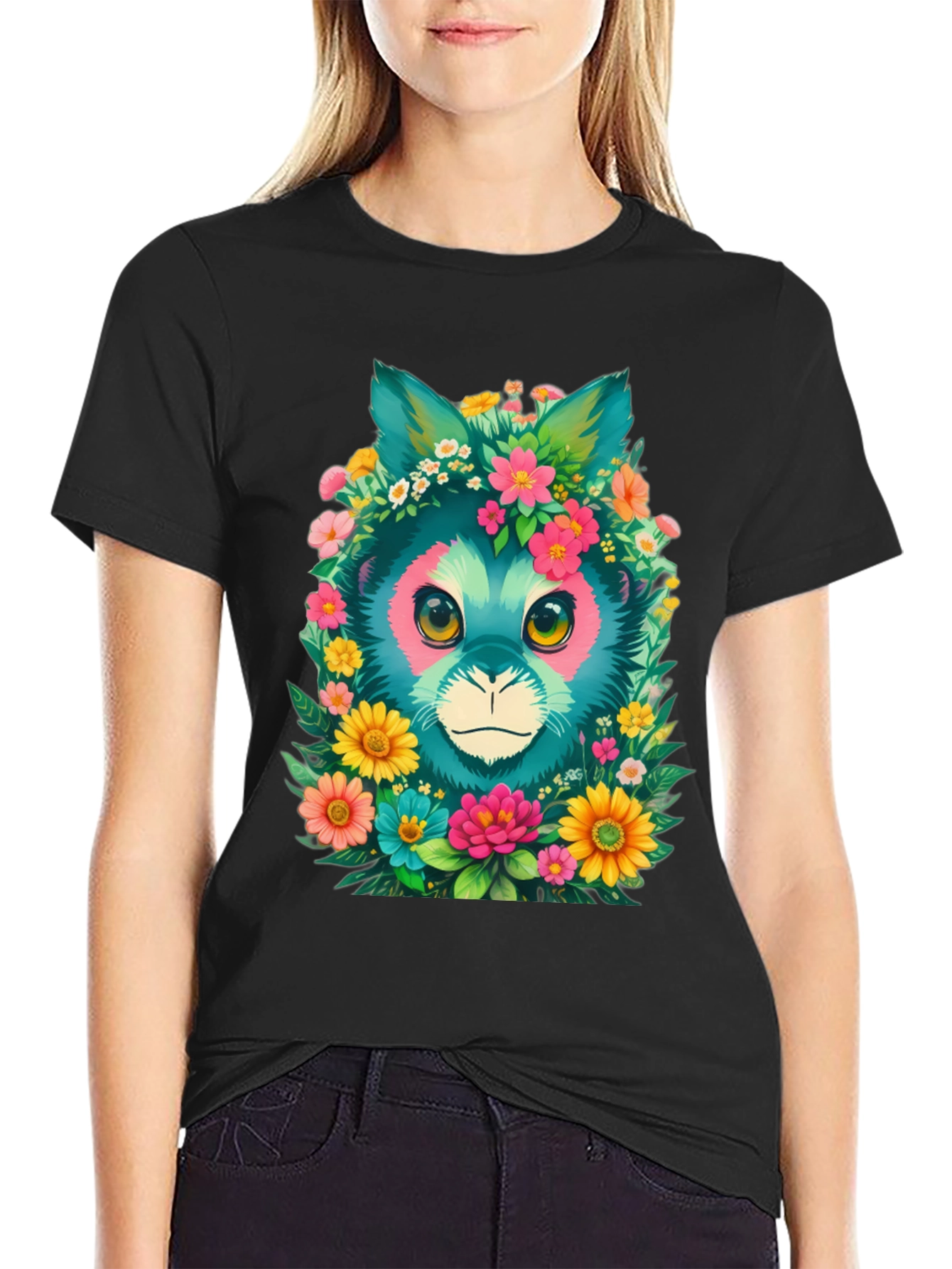 Floral Feline Graphic Tee - Black Cotton T-Shirt