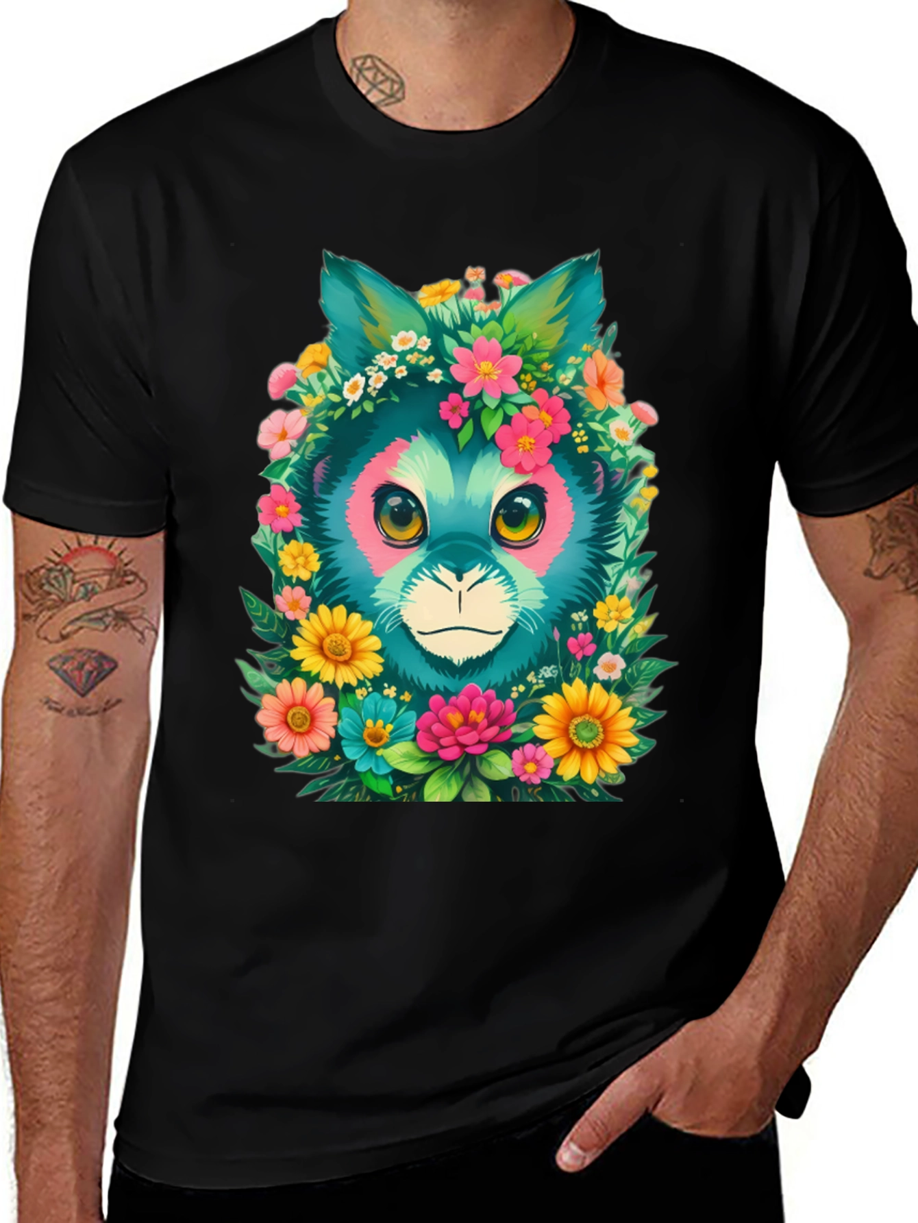Floral Feline Graphic Tee - Black Cotton T-Shirt