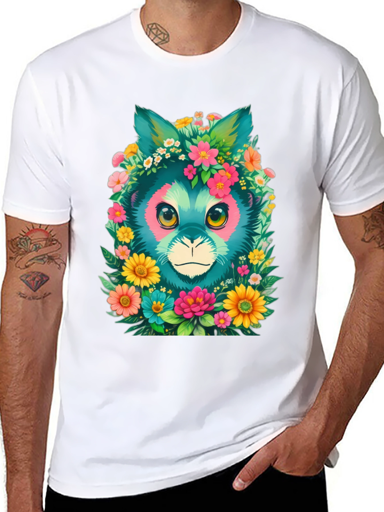 Floral Feline Graphic Tee - Black Cotton T-Shirt