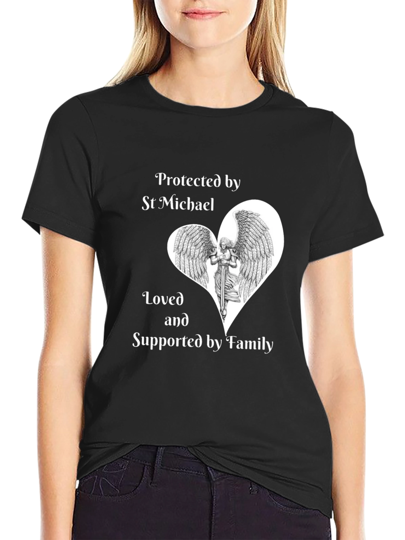 St Michael Protected by Family Black T-Shirt