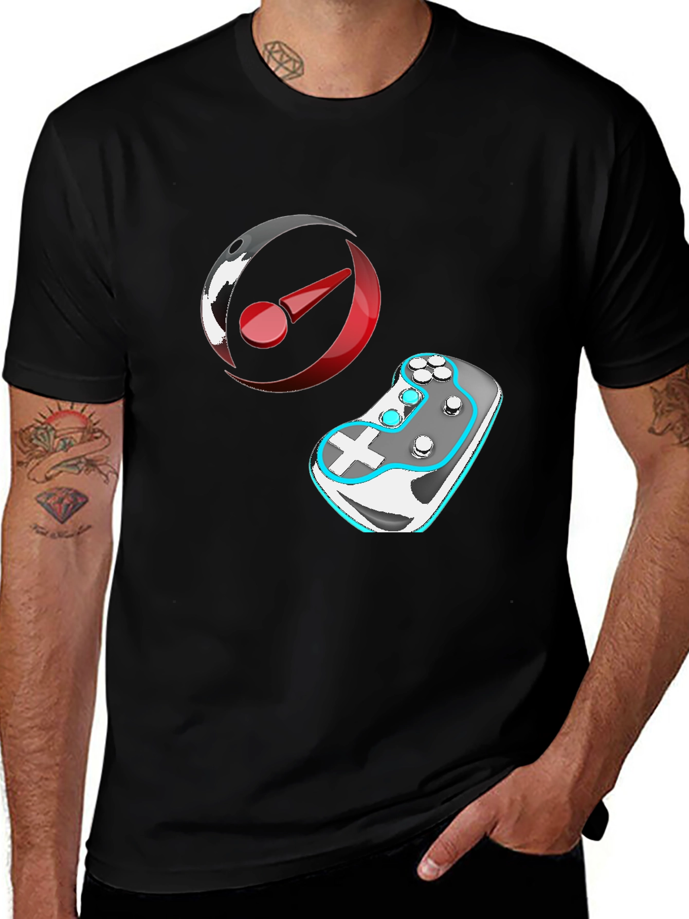 Gaming T-Shirt: Controller & Circular Logo Design