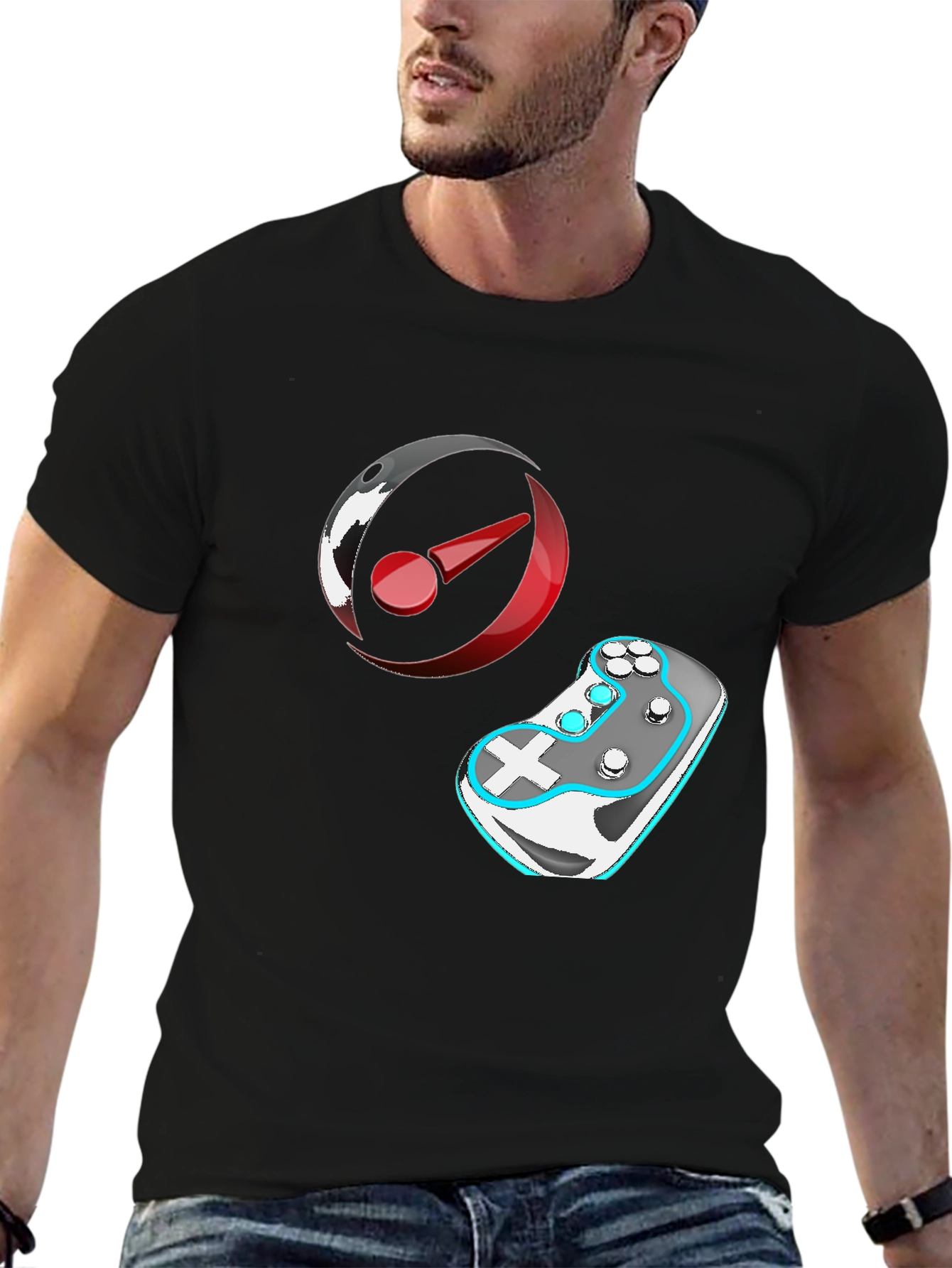 Gaming T-Shirt: Controller & Circular Logo Design