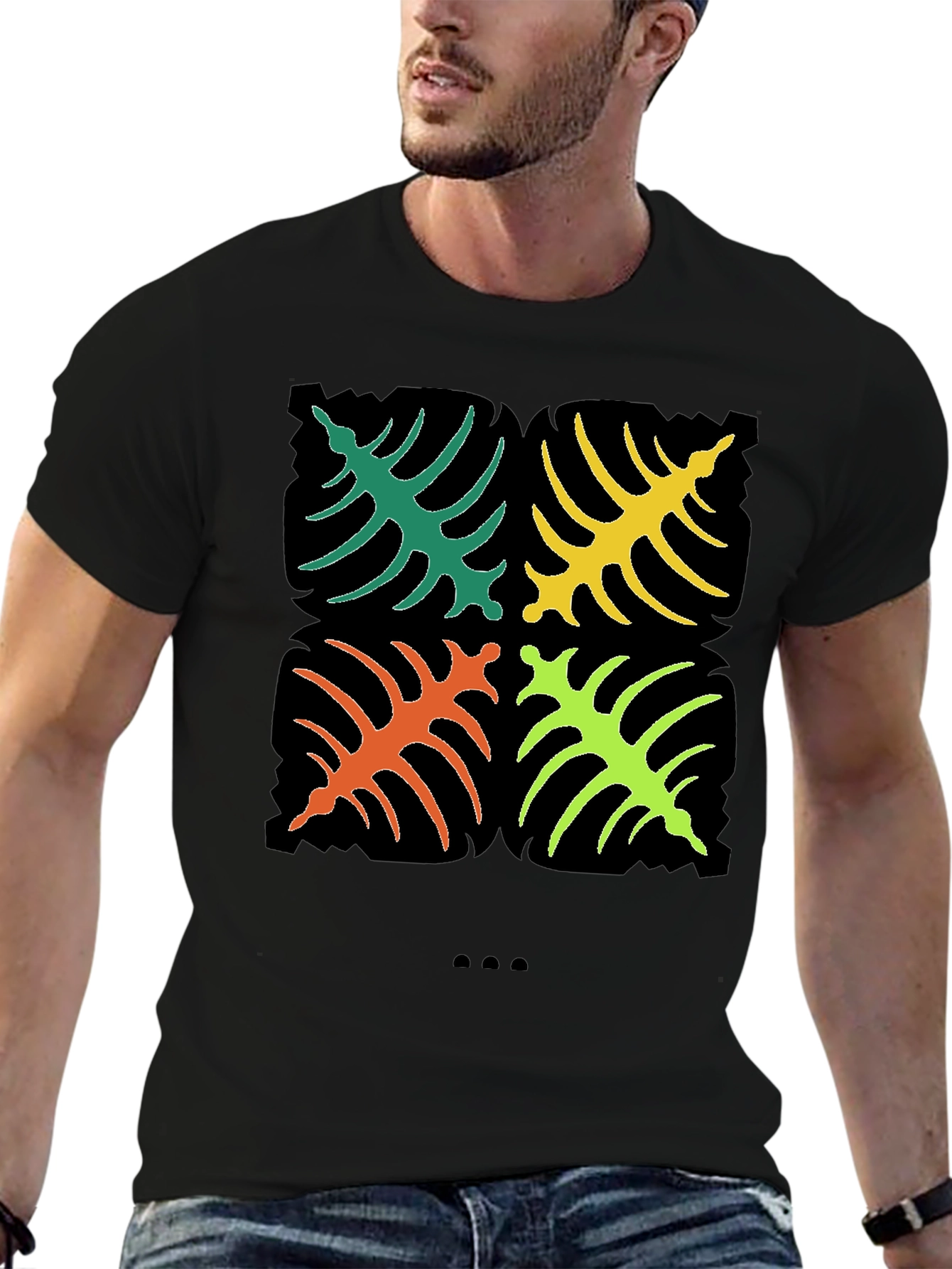 Tropical Leaf Design T-Shirt - Black
