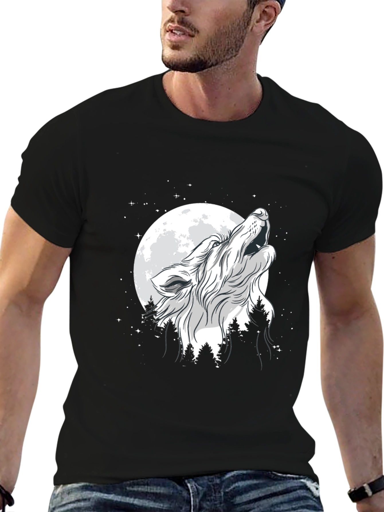 Wolf Howling at Moon Graphic Black T-Shirt