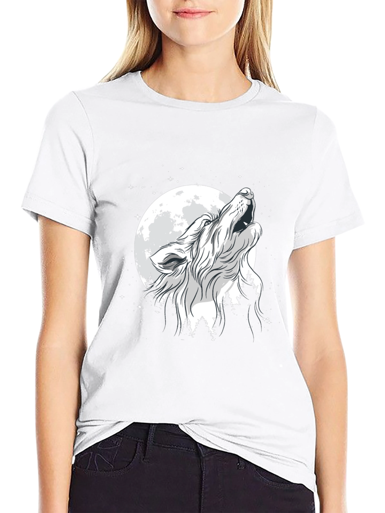 Wolf Howling at Moon Graphic Black T-Shirt