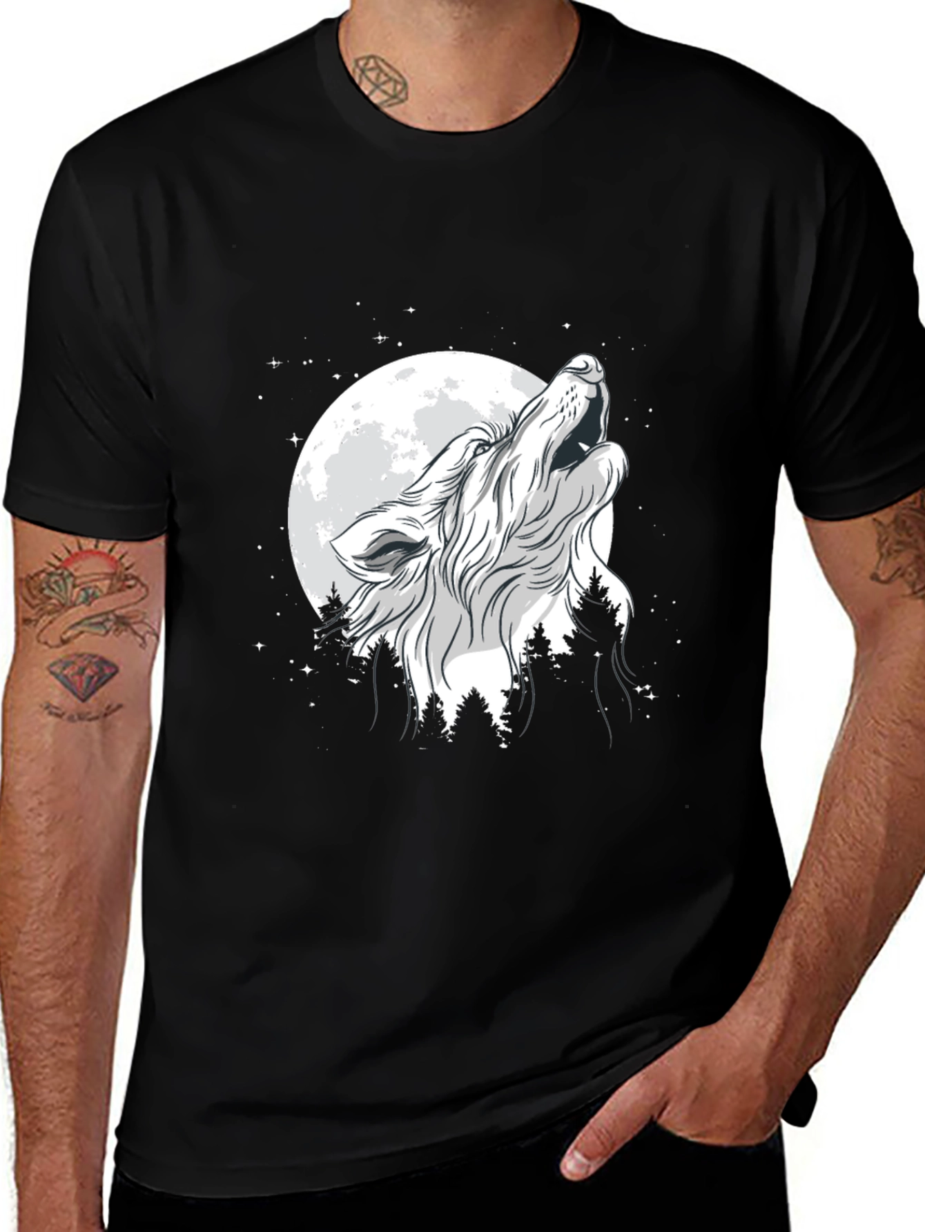 Wolf Howling at Moon Graphic Black T-Shirt