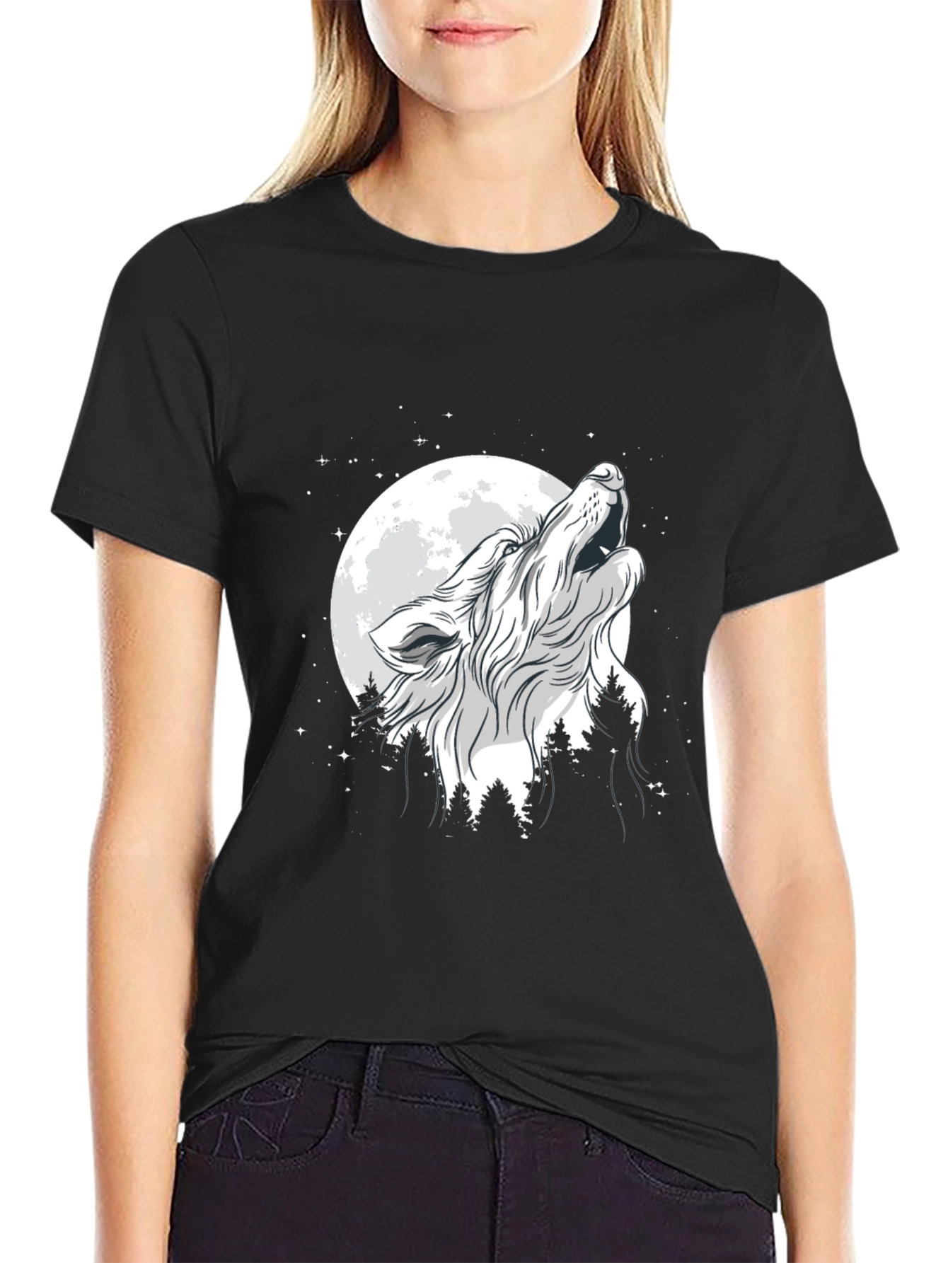 Wolf Howling at Moon Graphic Black T-Shirt