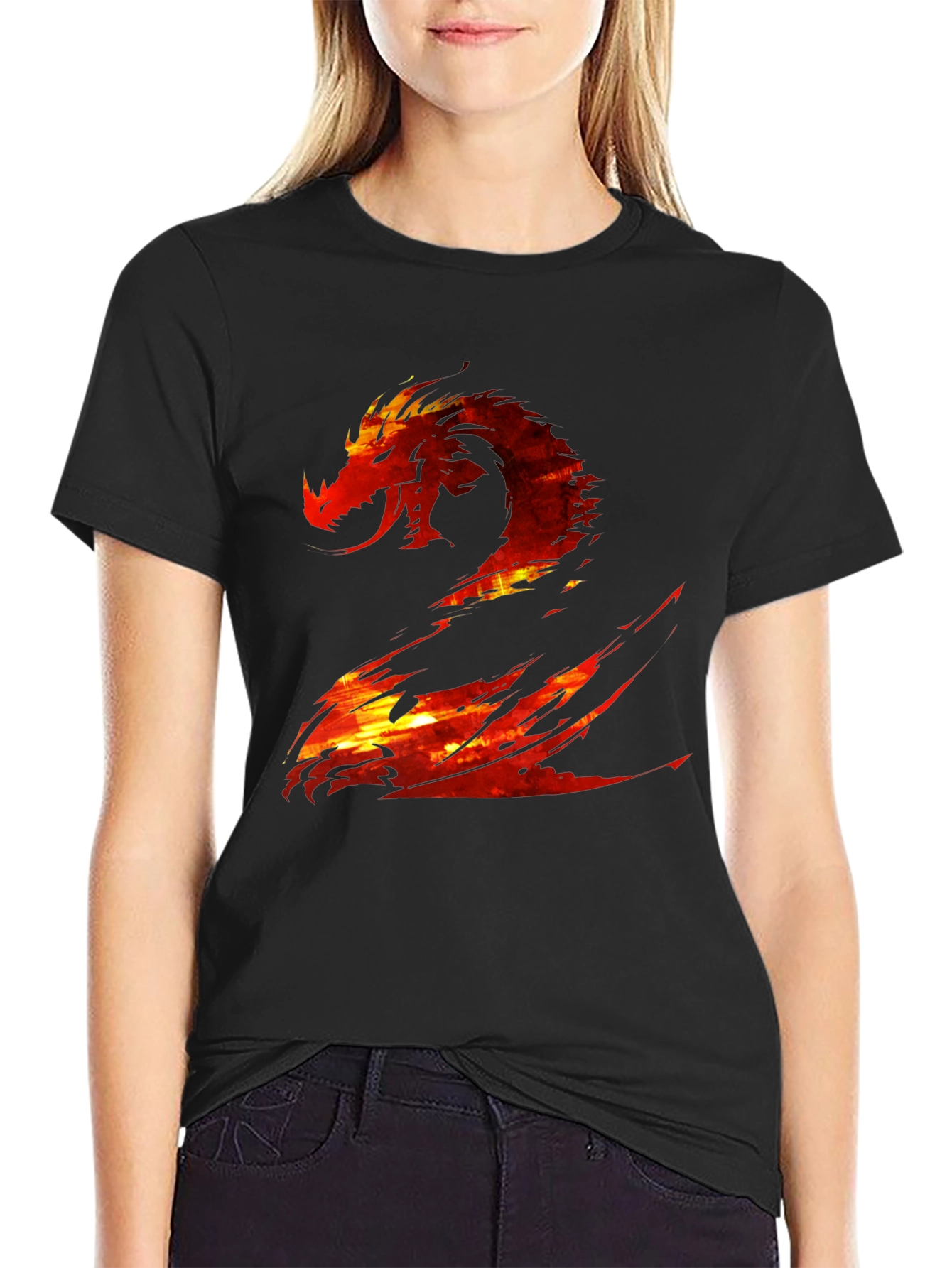 Fiery Dragon Graphic Print Black T-Shirt