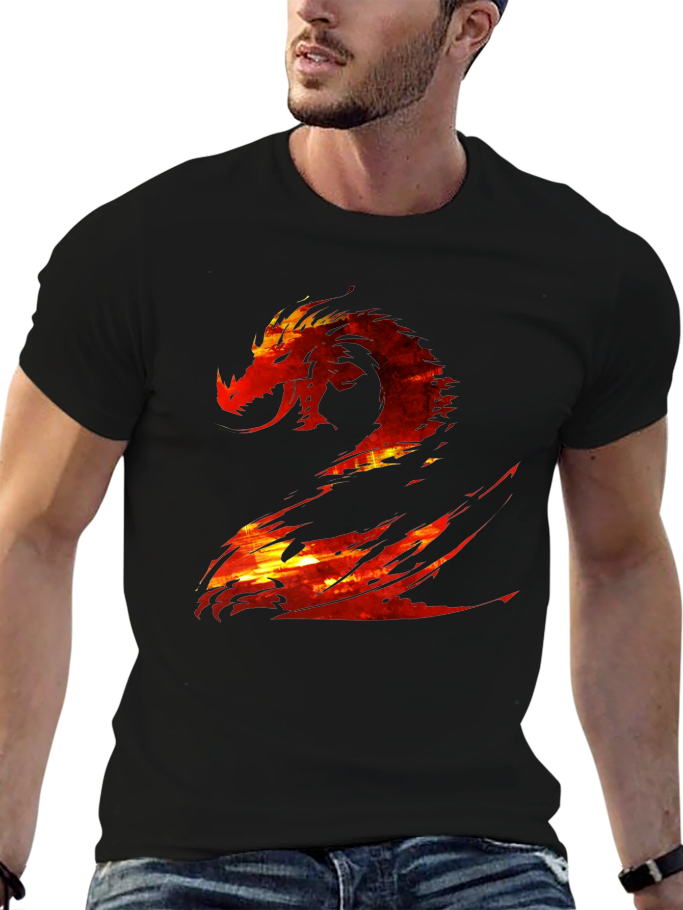 Fiery Dragon Graphic Print Black T-Shirt