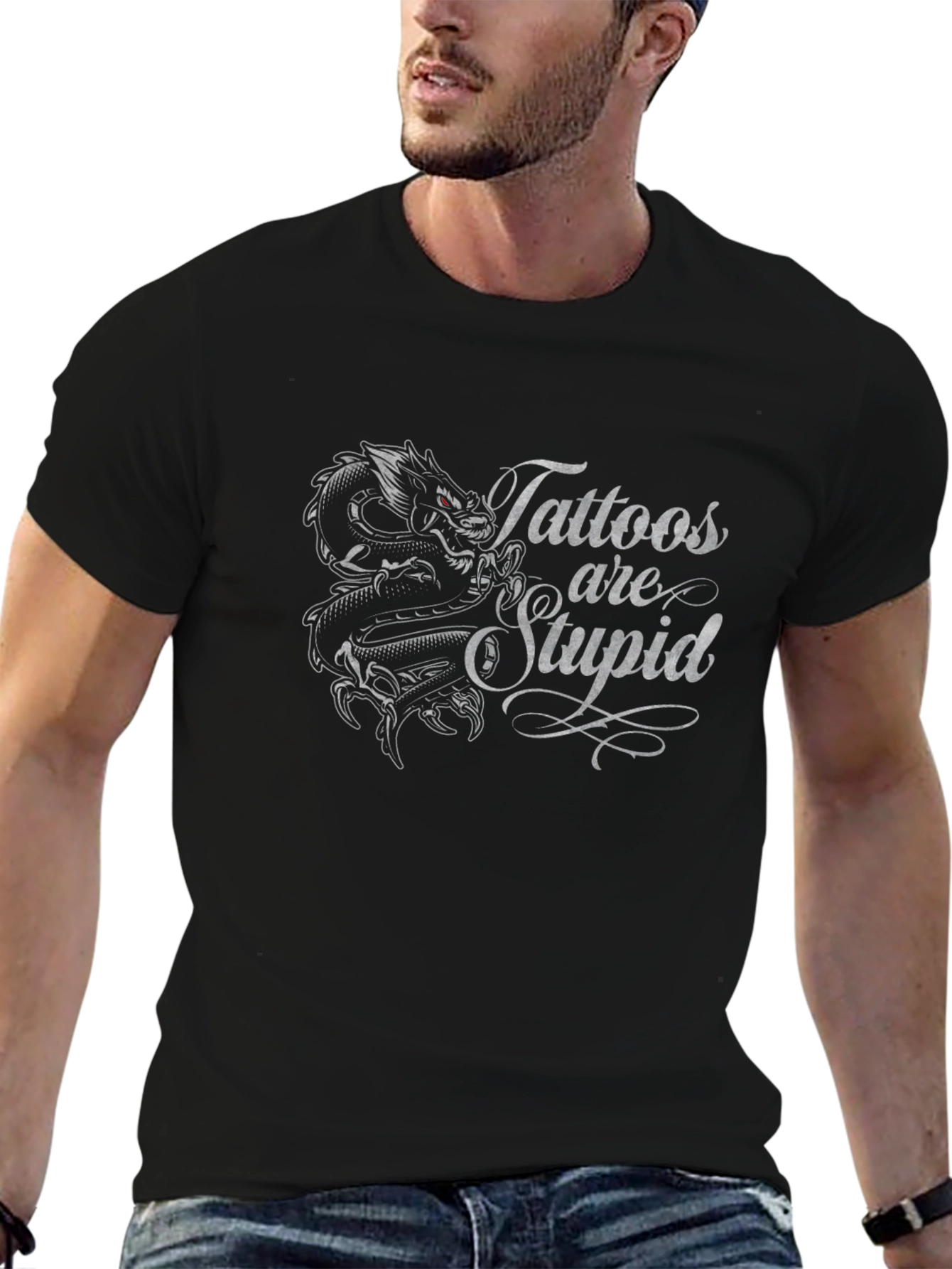 Tattoos are Stupid Tee Dragon Graphic Black T-Shirt