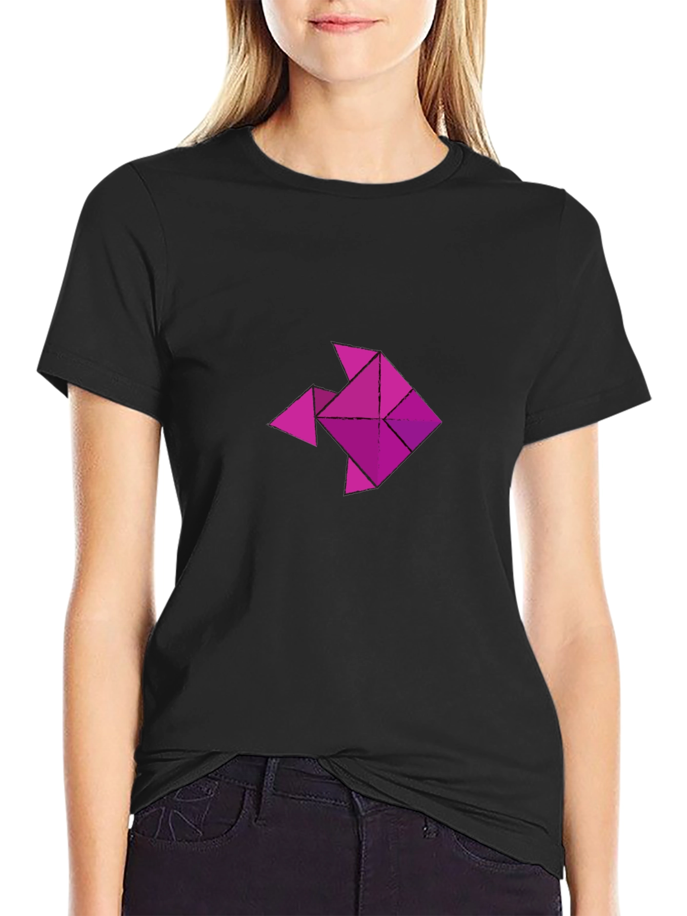 Geometric Fish Graphic T-Shirt - Casual Black Tee