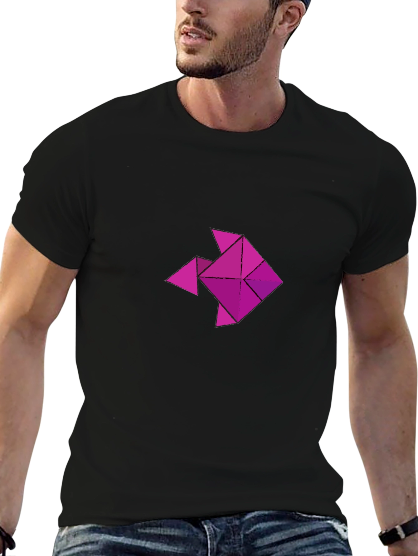 Geometric Fish Graphic T-Shirt - Casual Black Tee