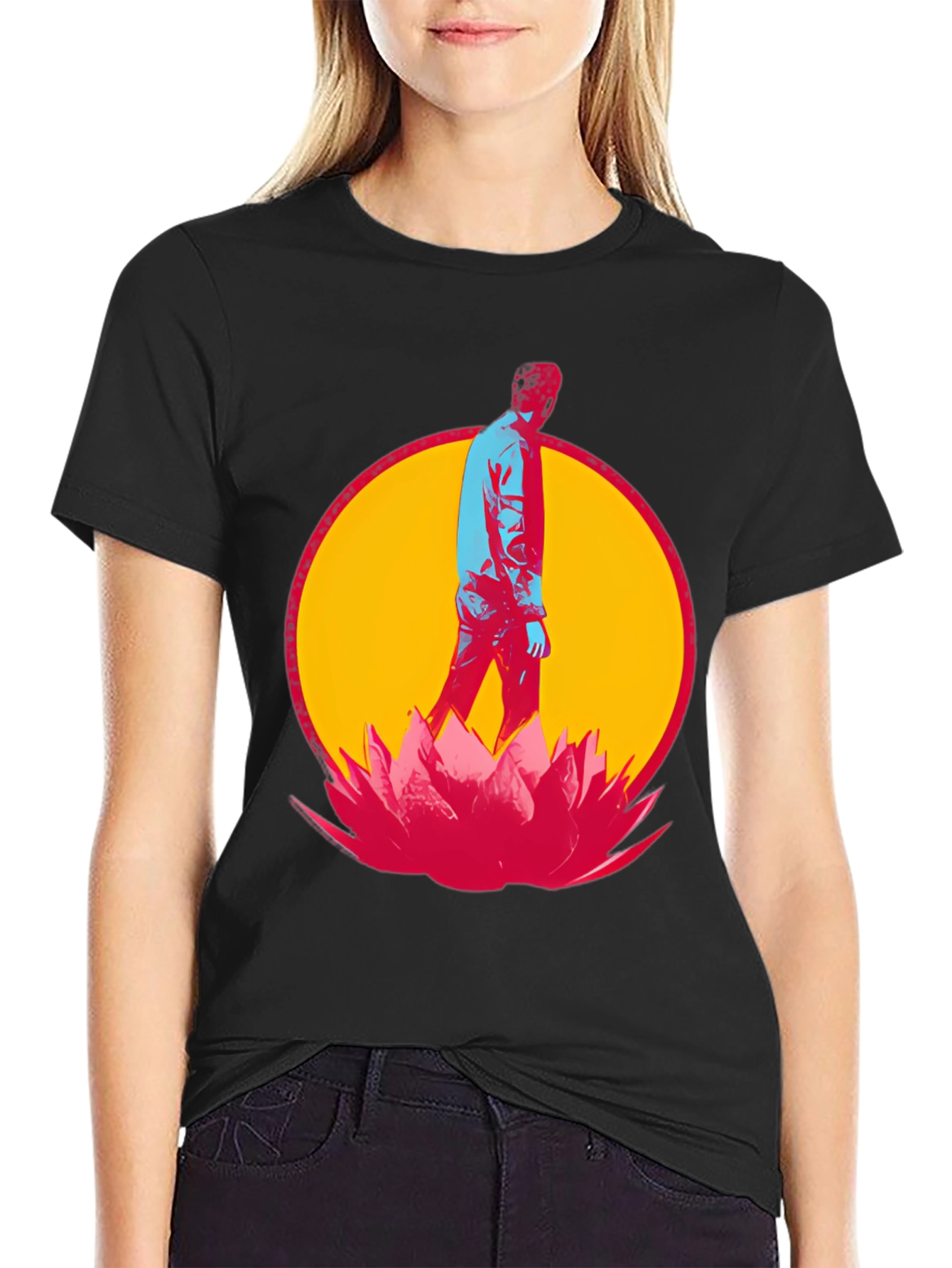 Abstract Man Lotus Flower Graphic Black T-Shirt
