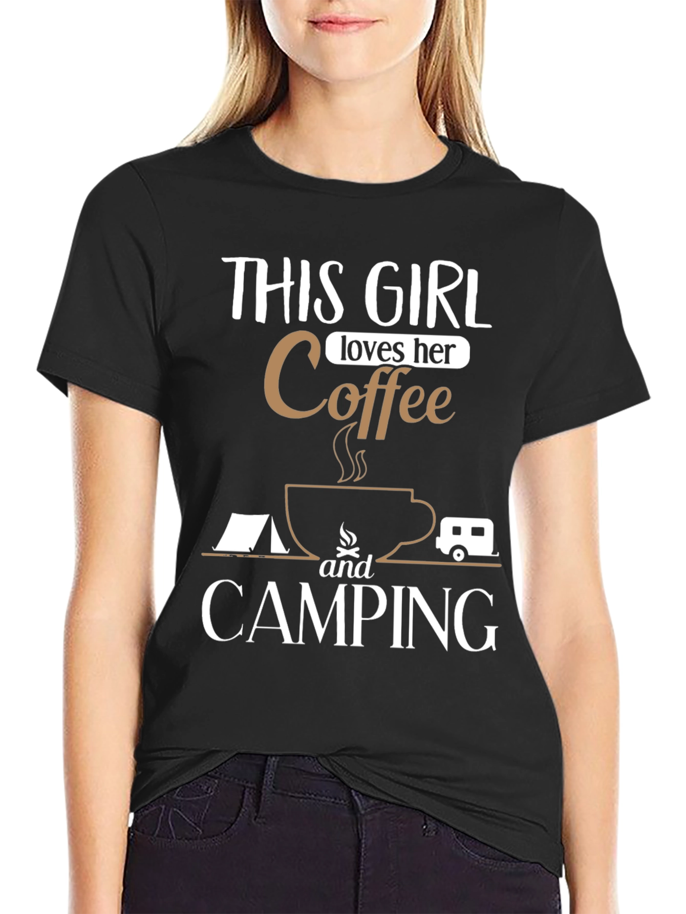 This Girl Loves Coffee and Camping Graphic T-Shirt