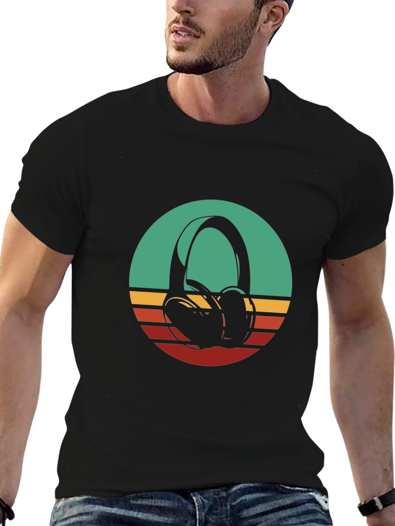 Retro Headphones Graphic Tee - Black Cotton Blend