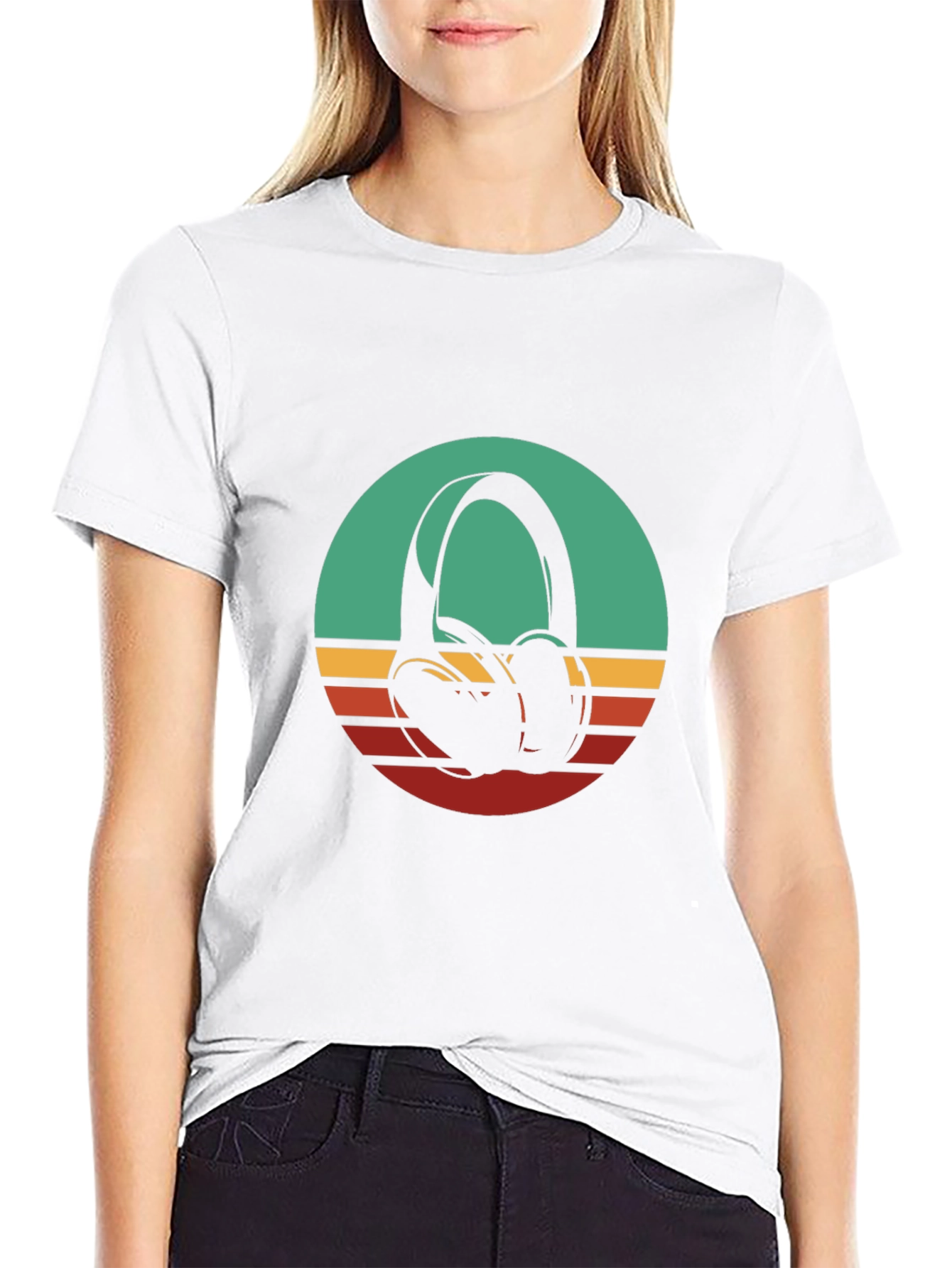 Retro Headphones Graphic Tee - Black Cotton Blend