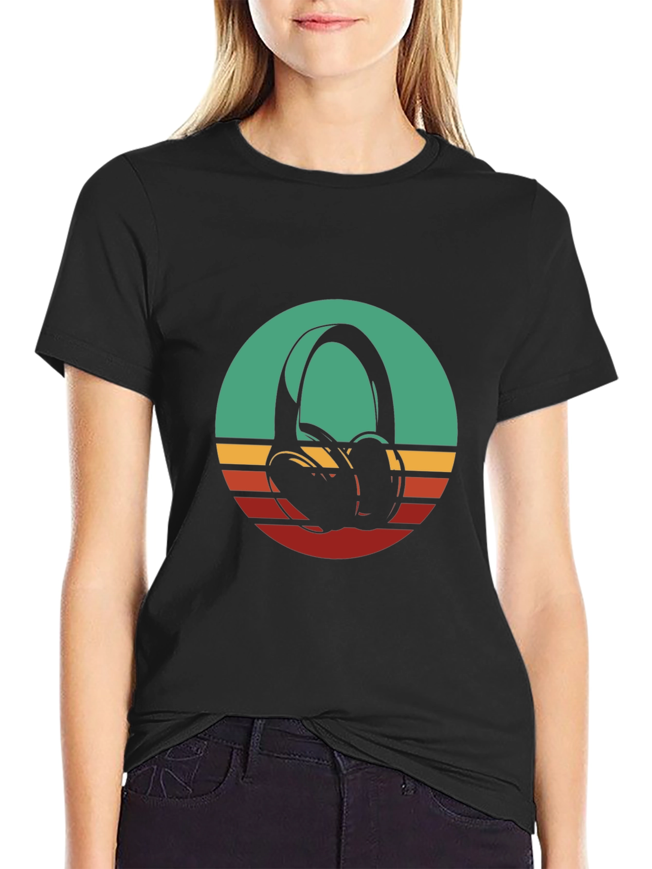 Retro Headphones Graphic Tee - Black Cotton Blend
