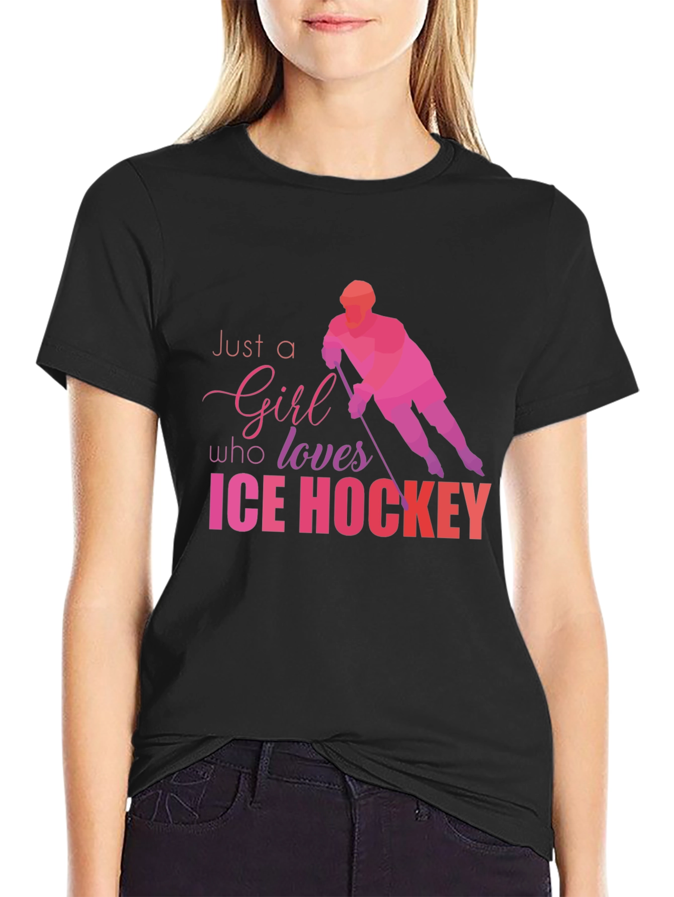 Girl Loves Ice Hockey Graphic T-Shirt - Black